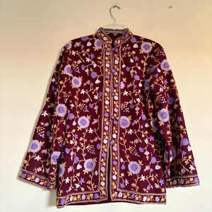Hand Embroidered Kashmiri Suzani Burgundy Floral Blazer M
